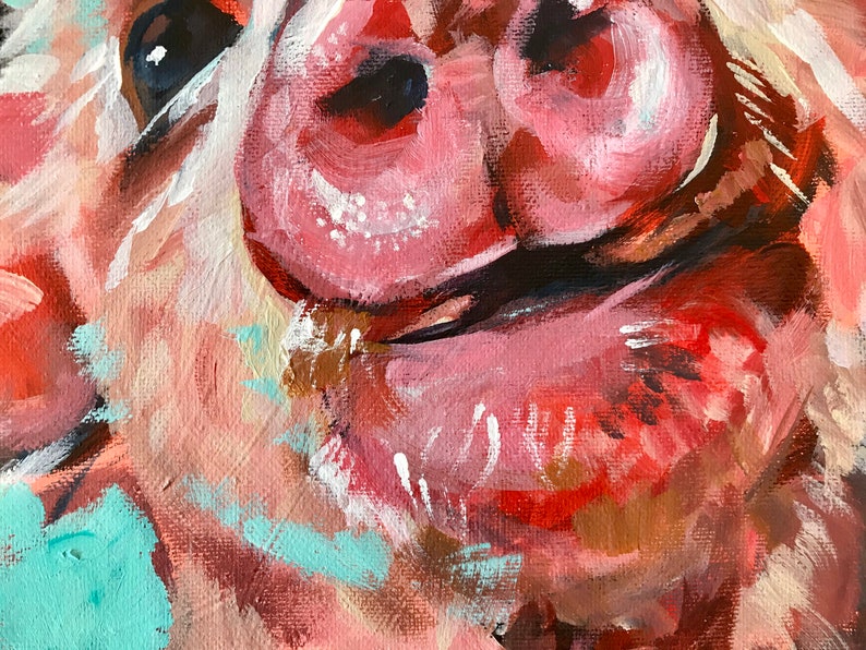 Puede incluir: Primer plano de una pintura de la cara de un cerdo. El cerdo tiene un hocico rosado, ojos negros y una mancha blanca en la nariz. La pintura est&aacute; hecha en un estilo suelto y expresivo con pinceladas visibles.