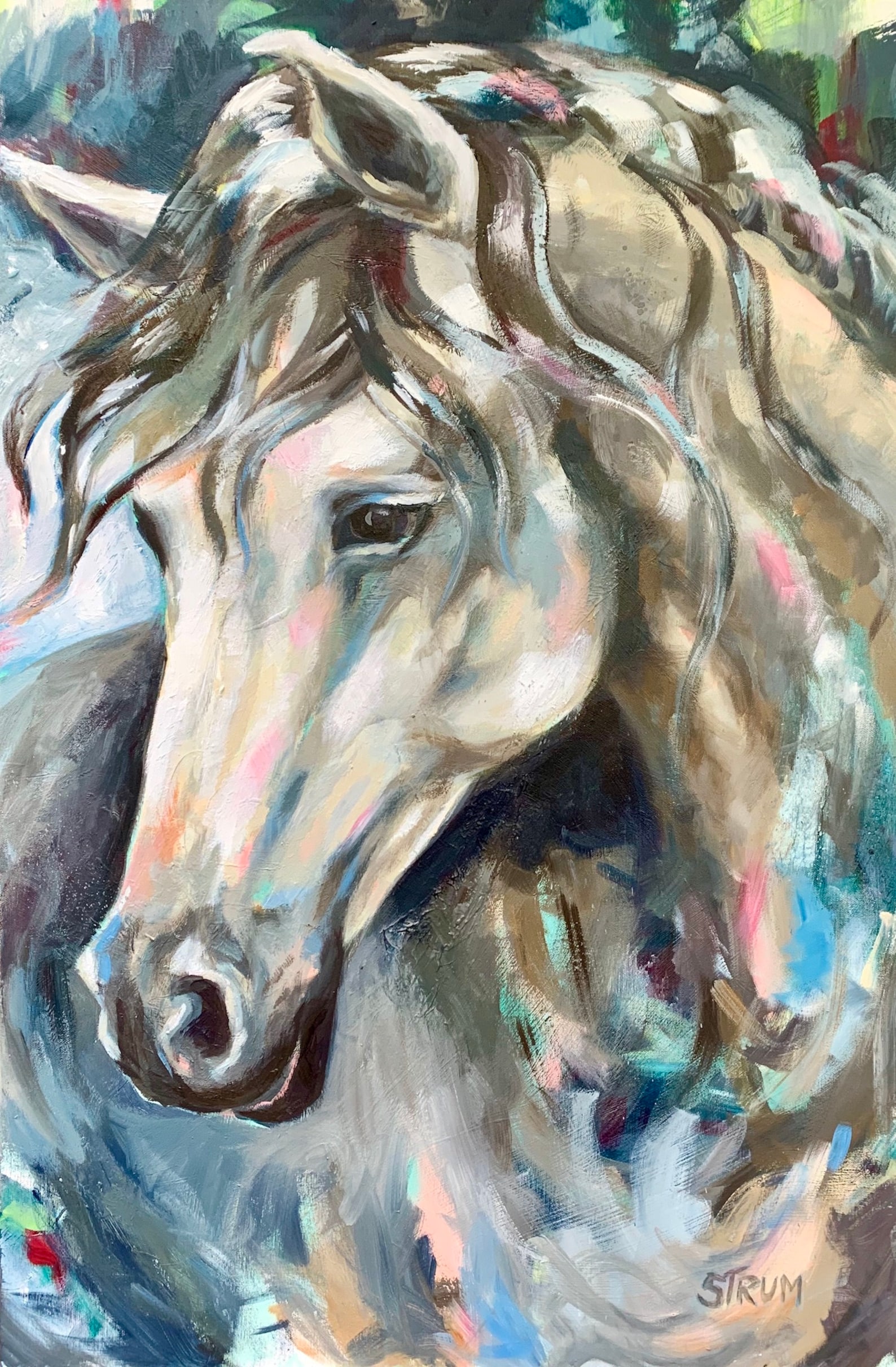 Large Scale Horse Painting Print on Canvas, Impressionistic Colorful