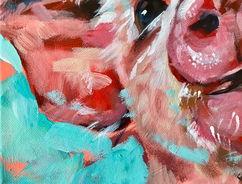 Puede incluir: Primer plano de una pintura de la cara de un cerdo. El cerdo tiene un hocico rosado, una mancha blanca en la frente y un ojo marr&oacute;n. La pintura est&aacute; realizada en un estilo suelto e impresionista con pinceladas de rosa, blanco, marr&oacute;n y turquesa.