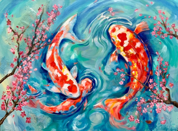 Home Decor. Wall Art. Colourful Koi Fish Painting on Canvas