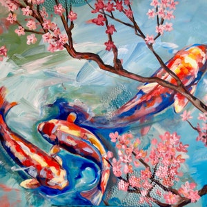 Colorful Original Koi Fish Painting PRINT on Canvas or Paper, Cherry blossoms, Modern, Spa art