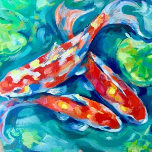 Print of Painting of Koi in Pond with Lily Pads, Colorful Koi Painting on canvas, Koi painting, fish painting