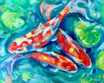 Print of Painting of Koi in Pond with Lily Pads, Colorful Koi Painting on canvas, Koi painting, fish painting