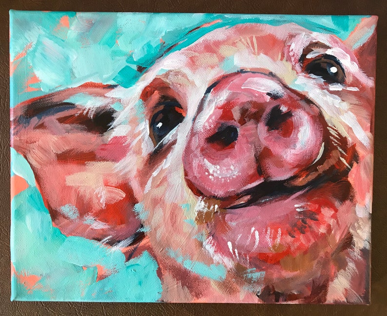 Puede incluir: Una pintura de primer plano de la cara de un lech&oacute;n. El lech&oacute;n tiene un hocico rosado y una cara rosa y blanca. Los ojos del lech&oacute;n son marrones y el lech&oacute;n est&aacute; sonriendo. El fondo es de color azul claro y rosa.