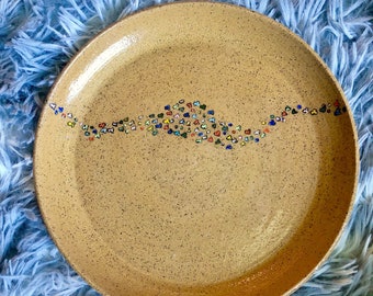 Speckle Stoneware 8" Plate with a school of tiny fishes around, Dinner Plate, Spaghetti Plate