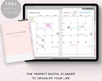May include: A pink and white digital planner with the text "UNDATED DIGITAL PLANNER" and "HYPERLINKED. FOR GOODNOTES, NOTABILITY, ETC." at the top. The planner is open to the month of March and has a variety of stickers and notes. The text "150+ DIGITAL STICKERS" is in a circle at the top left of the image. The text "THE PERFECT DIGITAL PLANNER TO ORGANIZE YOUR LIFE" is at the bottom of the image.