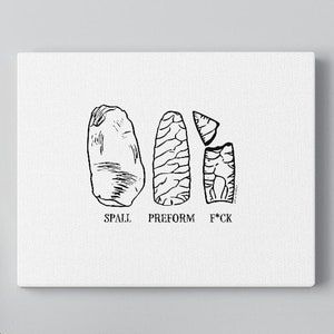 May include: Black and white line drawing of three different stages of stone tool making. The stages are labeled "SPALL", "PREFORM", and "F*CK".