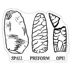 May include: Black and white line drawing illustration of three different stages of stone tool making. The first stage is a spall, the second stage is a preform, and the third stage is an ope!.