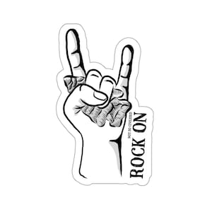 May include: Black and white illustration of a hand making the rock and roll hand gesture. The text "Rock On" is written vertically next to the hand, with the smaller text "Not So Civilized" underneath.