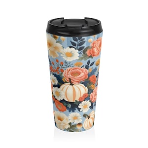 Floral Autumn Travel Mug | Hot Beverage Tumbler for Coffee Lovers, Fall Gift, Floral Mug, Nature Lover&#39;s Gift, Insulated Coffee Cup