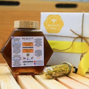 Premium Gift Box with Greek Honey and Chamomile Tea Special Gift Set with Pure Sunflower Cotton Honey in Glass Jar with Wooden Honey Dipper