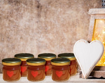 20 Romantic Wedding Favors with Fine Pure Honey in Glass Jar with Glitter Εmbossed Heart Miniature Favors For Guest with Love from Greece