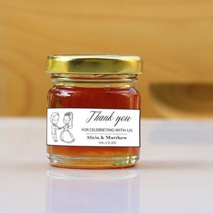 15 recuerdos de miel pura griega personalizados para bodas, frascos de 50 gr con etiqueta de agradecimiento personalizada, pegatina de dibujos animados para novios, lindas bomboneras para invitados
