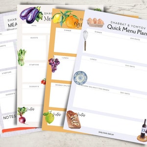 May include: A printable meal planner with watercolour illustrations of food, including aubergine, asparagus, grapes, oranges, and bread. The planner is designed for Shabbat and Yomtov meals and includes sections for dinner, lunch, seudah shlishit, and notes.