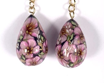 Pink and Gold Flower Drop Earrings