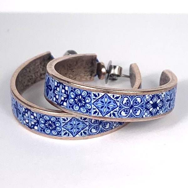 Blue Tile Hoop Earrings