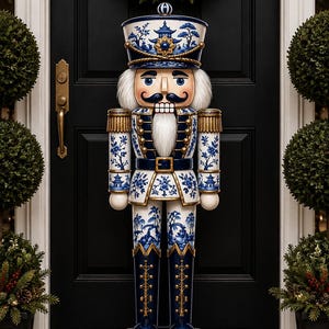May include: A decorative nutcracker figure featuring a white and blue chinoiserie pattern. The figure wears a tall hat, a uniform with gold trim, and stands on a circular base. It has a white beard, mustache, and painted facial features.
