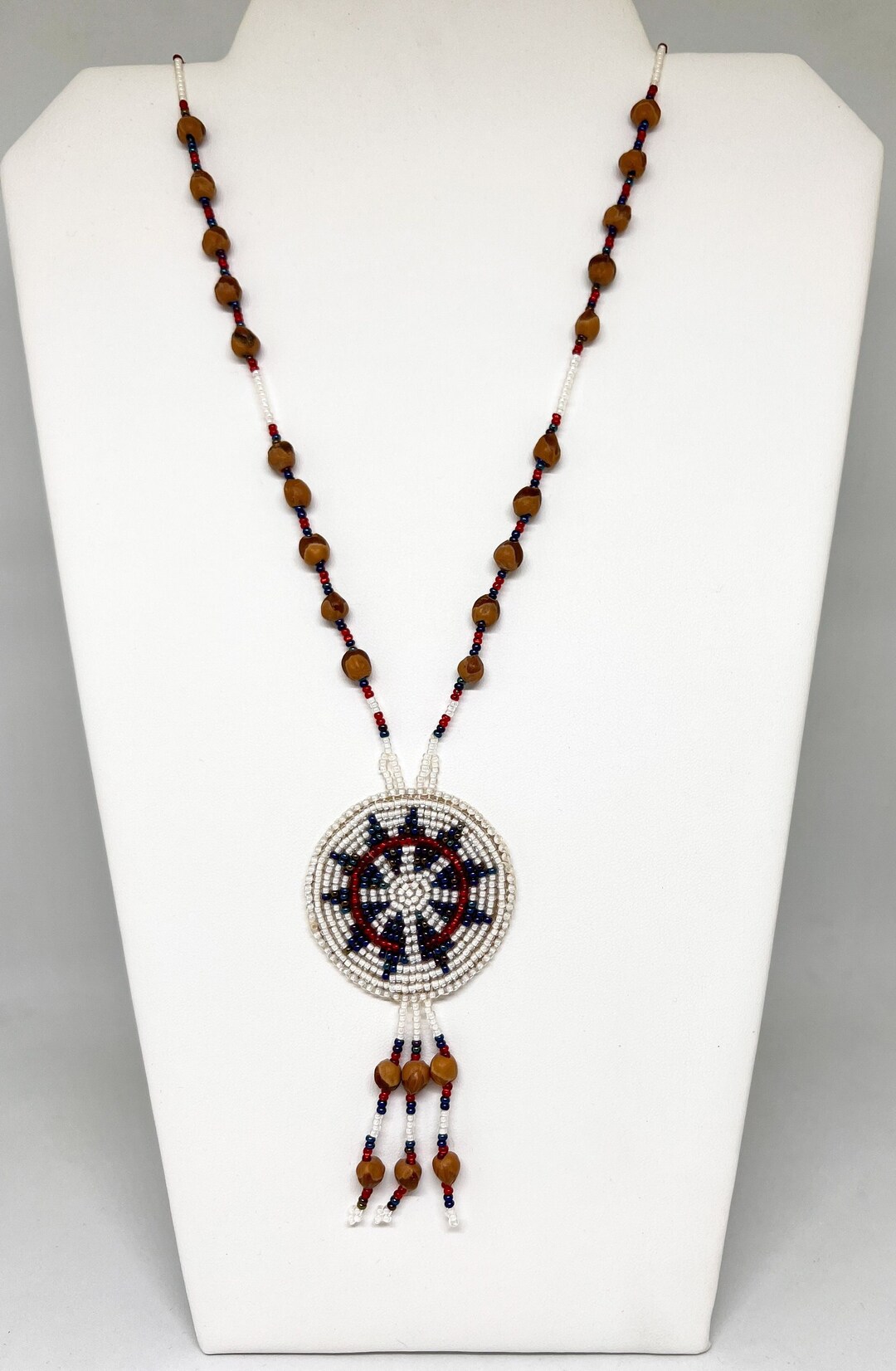 Long Beaded Native American Necklace Pendant Vintage Medallion With