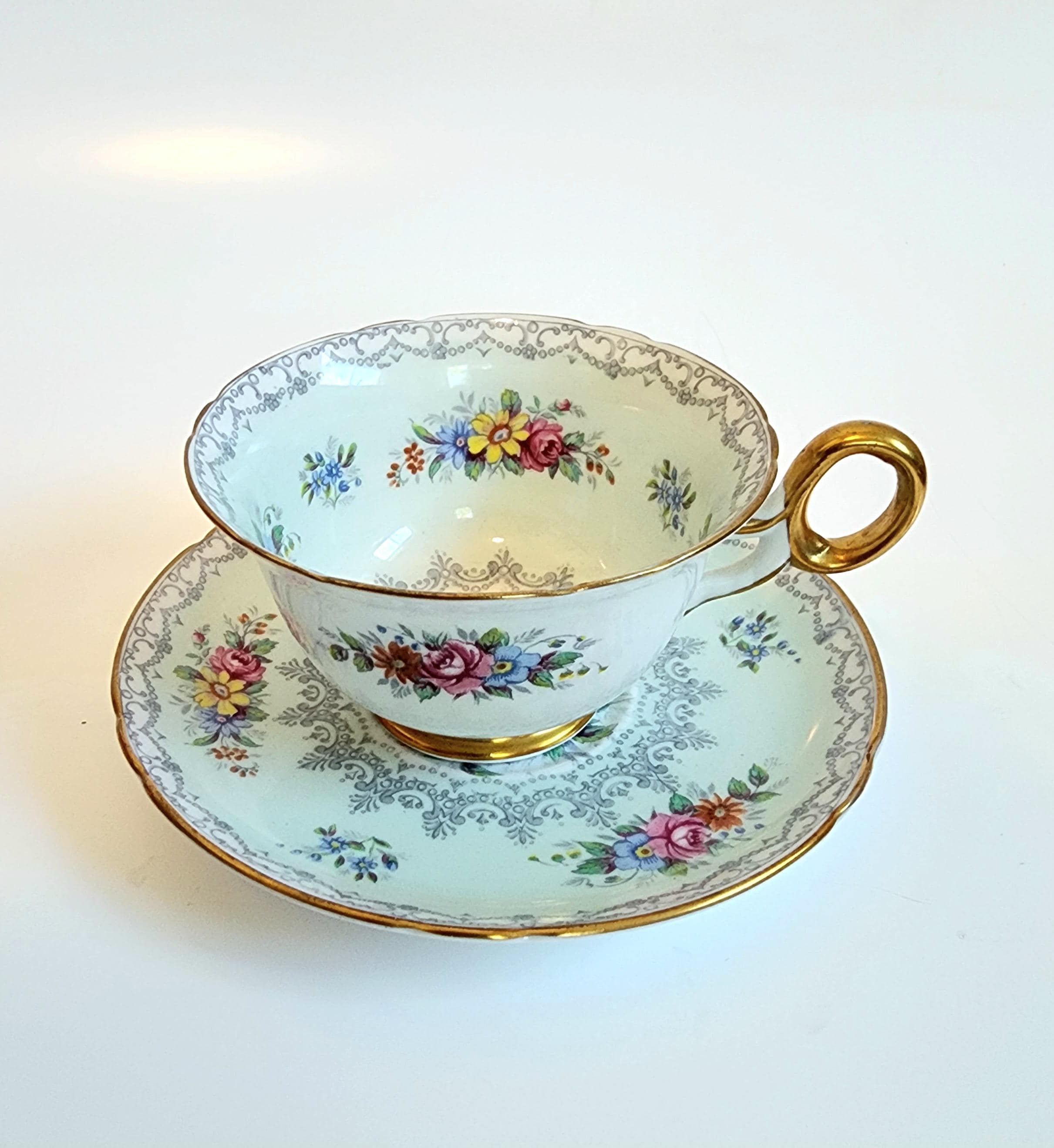 Vintage Shelley Tea Cup & Saucer Light Blue Pink Flowers Crochet