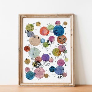 Planets Printable Wall Art, Nursery Wall Decor, Galaxy Planets Print, Watercolor Planets Painting, Home Decor, Watercolor Digital Print