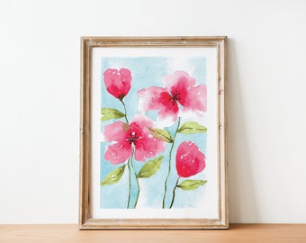 Watercolor Lose Flowers Print,  Pink Flowers Wall Art, Digital Print, Instant Download, Botanical Wall Decor, Floral Printable, Home Decor