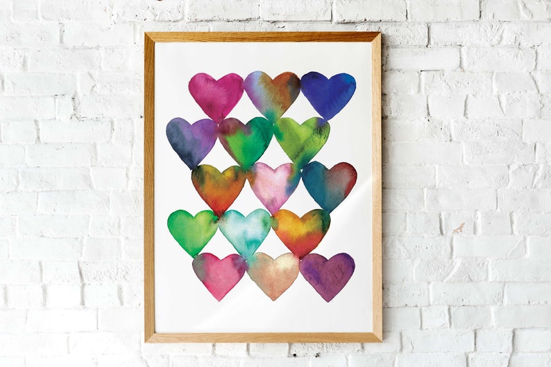 Watercolor Hearts, Hearts Printable Wall Art, Valentine's Day Decor, Nursery Decor, Girls Bedroom Decor, Colorful Hearts, Instant Download image 4