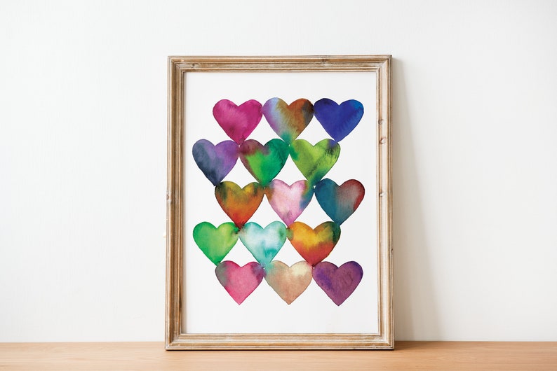 Watercolor Hearts, Hearts Printable Wall Art, Valentine's Day Decor, Nursery Decor, Girls Bedroom Decor, Colorful Hearts, Instant Download image 1