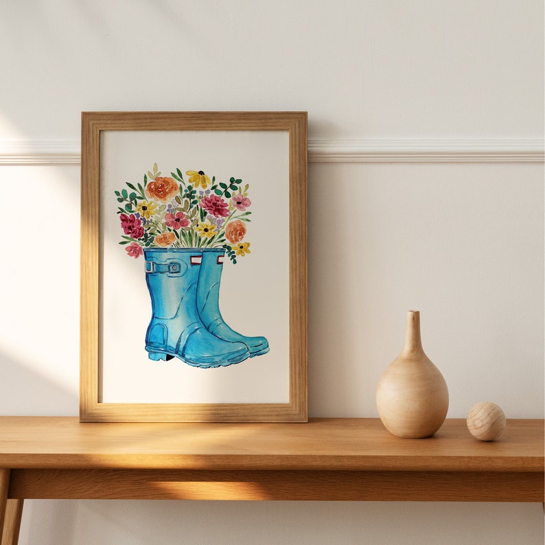 Rain Boots with Flowers Print, Spring Wall Art, Watercolor Painting, Digital Print, Spring Wall Decor, Spring Art Download, Spring Decor image 2