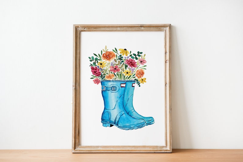 Rain Boots with Flowers Print, Spring Wall Art, Watercolor Painting, Digital Print, Spring Wall Decor, Spring Art Download, Spring Decor image 1