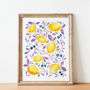 Citroenen Bosbessen Afdrukbare Kunst aan de muur, Citroenen Aquarel schilderij, Muur Decor, Keuken Decor, Instant Download Art, Wall Print, Home Decor