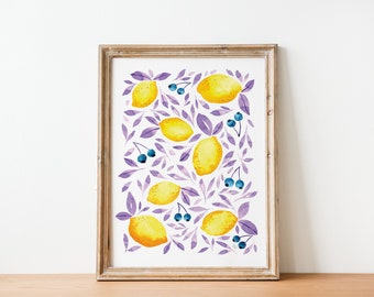 Lemons Blueberries Printable Wall Art, Lemons Watercolor Painting, Wall Decor, Kitchen Decor, Instant Download Art, Wall Print, Home Decor