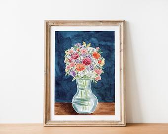 Flowers Vase Print, Watercolor Flowers Bouquet, Watercolor Florals, Wall Art, Digital Print, Home Decor, Instant Download, Flowers Printable