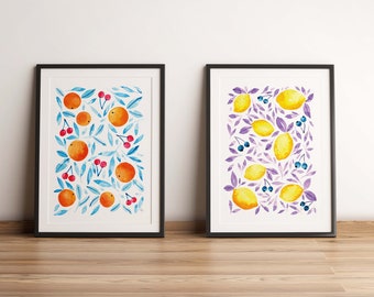 Set of 2 Fruits Prints, Printable Wall Art, Watercolor Lemons and Oranges, Kitchen Art Set, Digital Prints, Wall Decor, Instant Download