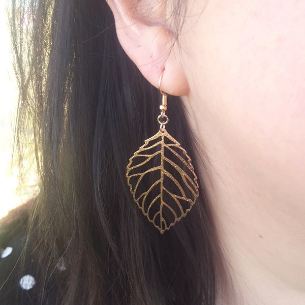 Large, Rose Gold Plated Skeletal Leaf Dangle Earrings - Bold Earrings - Leaf Earrings - Lightweight Earrings - Leaf Jewellery - Gift for Her