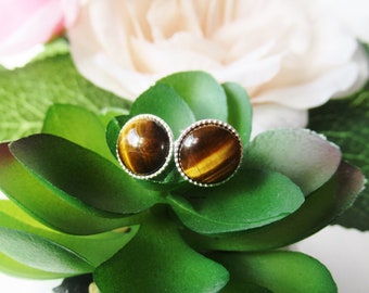 Natural Tigers Eye Sterling Silver Stud Earrings, Tiger Eye Earring Gift for Her, Golden Brown Stone Studs, Root Chakra Grounding Earrings