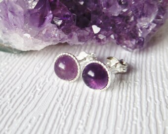 Natural Amethyst Purple Sterling Silver Stud Earrings, 6 mm February Birthstone Earrings, Healing Calm Anxiety Gemstone Jewellery Gift