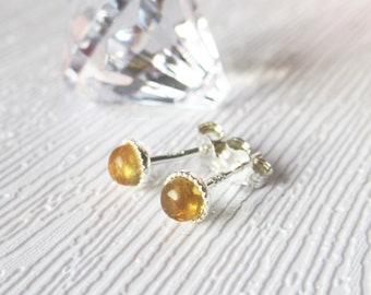 Natural Citrine Sterling Silver Stud Earrings, 4 mm Genuine Semi-Precious Crystal Studs, November Birthstone Post Earrings, Gift For Her