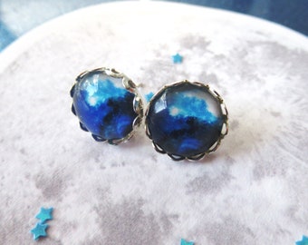 Blue Galaxy Nebula Stud Earrings, Outer Space Cosmic Jewellery, Science STEM Gift, Cosmos Astronomy Earrings, Glass Cabochon 12 mm Studs