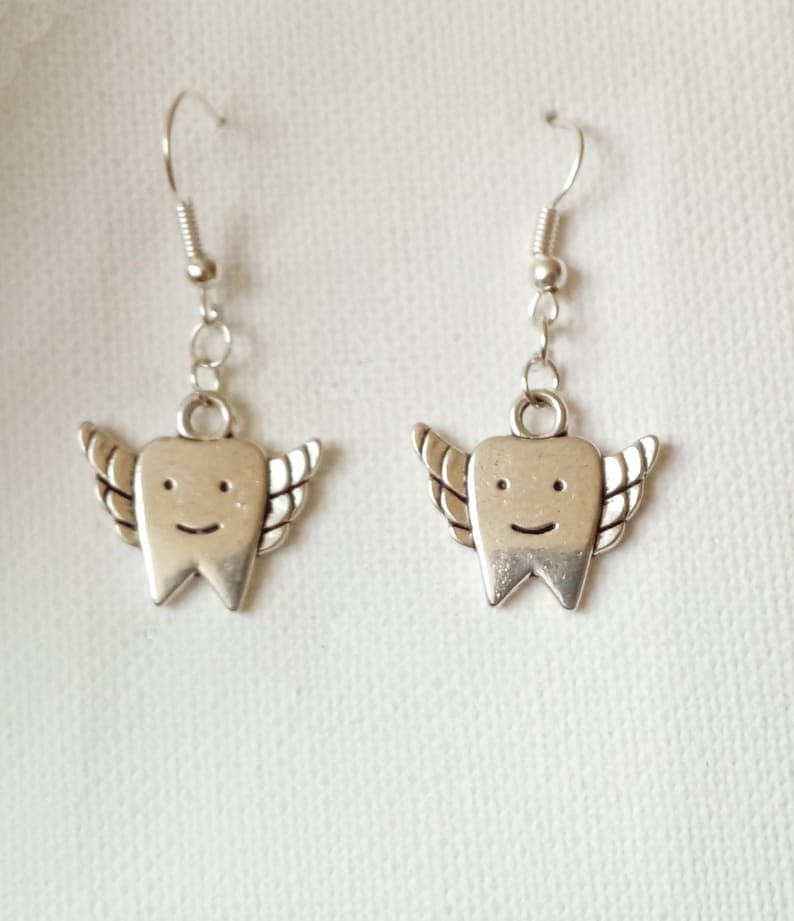 Dentist Gift Antique Silver Plated Tooth Fairy Dentist Gift Charm Dangle Earrings on Silver Plated Hook Wires Tooth Earrings