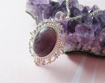 Natural Amethyst Oval Pendant Necklace, Purple Stone Pendant, February Birthstone Necklace, Gemstone Crystal Jewellery, Chakra Pendant Gift