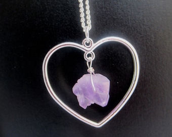 Amethyst Necklace, Genuine Rough Amethyst, Silver Heart Pendant, Purple Crystal Necklace Gift, February Birthstone Jewellery Gift For Her