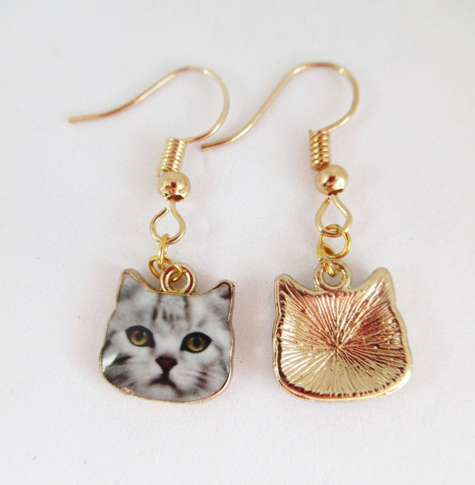Grey Tabby Cat Face Honey Gold Plated Dangle Earrings Cute Etsy