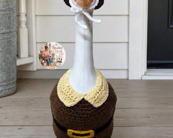 Hand Crocheted 19 Inch Porch Goose Pilgrim Outfit, Autumn Harvest Thanksgiving Costume