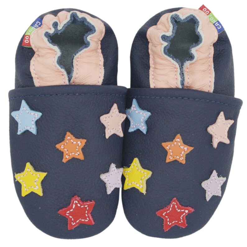 Carozoo chaussures en cuir à semelle souple pour tout-petits, pantoufles pour bébés filles et garçons, apprendre à marcher, animal mignon colorful star blue