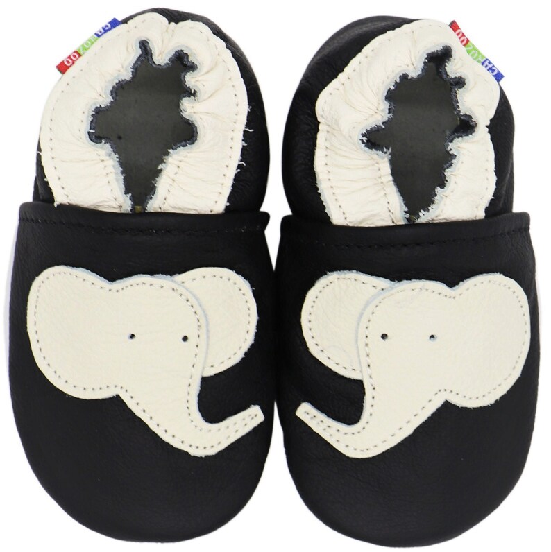 Carozoo chaussures en cuir à semelle souple pour tout-petits, pantoufles pour bébés filles et garçons, apprendre à marcher, animal mignon elephant black