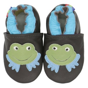 Carozoo Toddler Leather Soft Sole Shoes Baby Slippers Girls and Boys crib learn to walk Cute animal frog dark brown