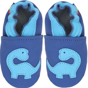 Carozoo chaussures en cuir à semelle souple pour tout-petits, pantoufles pour bébés filles et garçons, apprendre à marcher, animal mignon dino blue