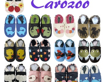 Carozoo peuter lederen schoenen met zachte zool babyslippers wieg voor meisjes en jongens leren lopen schattig dier