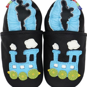 Carozoo zapatos de bebé de cuero con suela suave, zapatillas infantiles para niños y niñas train blue black