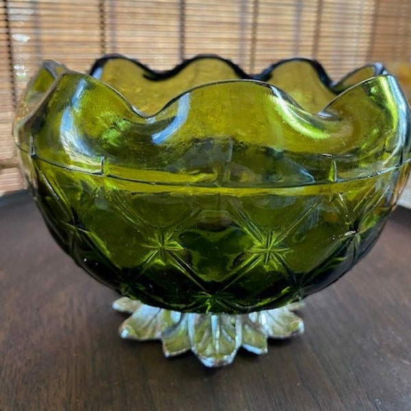 Vintage Green Indiana Glass Ruffle-Edged Dish with Pedestal Foot, Centerpiece Vessel